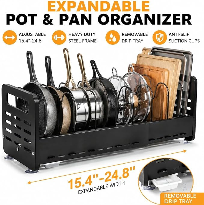 Pots and Pans Organizer Under Cabinet, Expandable Pot Lid Organizer - Image 9