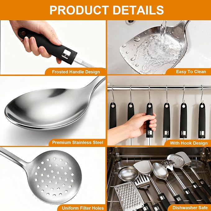 46Pcs 18/8 Stainless Steel Kitchen Utensils Set, Stainless Steel Cooking Utensils, Complete Tools with Metal Kitchen Gadgets for Beginner Cooks, Apartment Dwellers, Homemakers, Dishwasher Safe - Image 6
