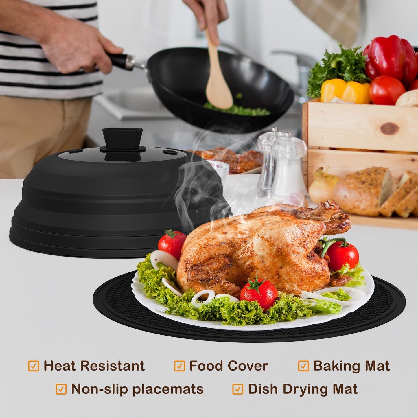 Lzerking Microwave Splatter Cover & Silicone Mat, 10.8 inch Glass Splatter Guard Lid with Collapsible Silicone for Food, Fits 6-10 inch Pot Plate Bowl, Heat Resistant, Dishwasher Safe, Kitchen, Black