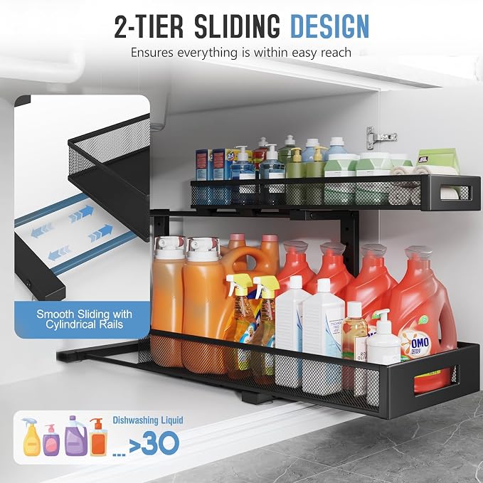 1 Pack 20.47IN Depth Under Sink Storage Organizer, Large 2-Tier Elegant Mesh Pull Out Shelf for Kitchen and Bathroom Cabinet Organization, L-Shaped and Adjustable Height Design-Black - Image 4
