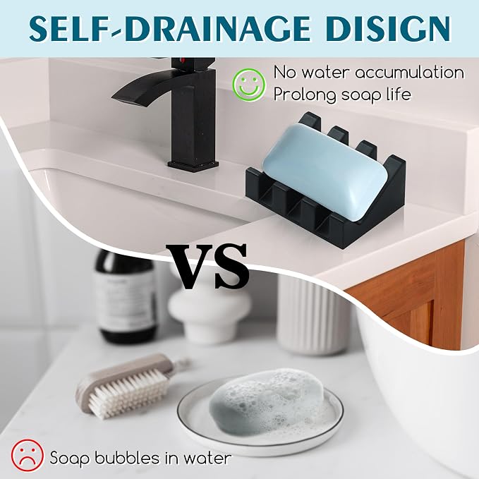 2 Pack Silicone Soap Saver with Strong Suction Cups, Self Draining Bar Soap Rest for Shower & Kitchen, Non-Slip Waterfall Dish Keeps Soap Dry, Easy Clean & Hygienic (Black) - Image 5