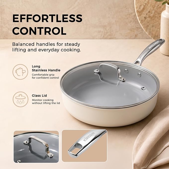 Kikcoin 10 INCH Ceramic Nonstick Deep Frying Pan with Lid, 4 QT Saute Pan - Image 5