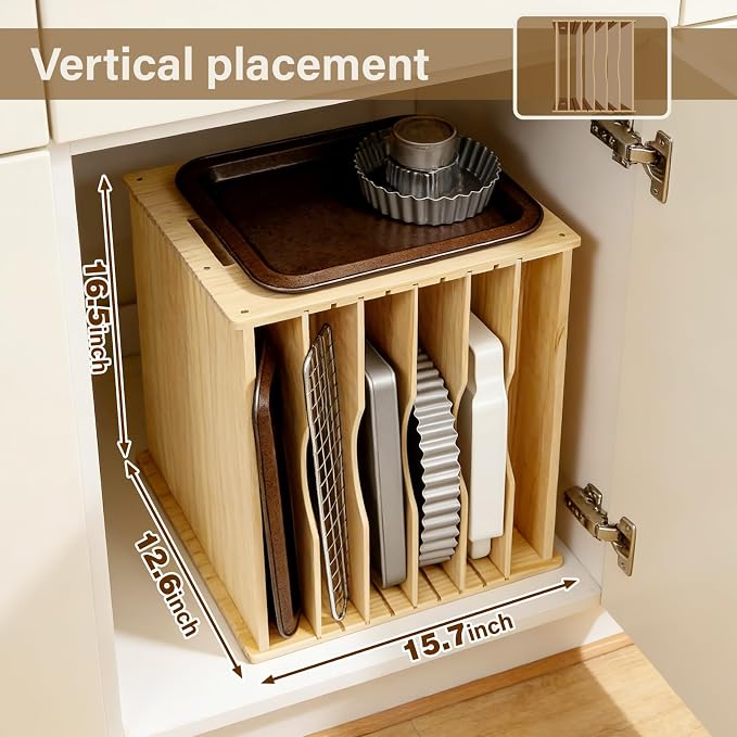 6 Tier Wooden Tray Dividers for Cabinets, Cookie Sheet Organizer 15.7" W x 16.5" H x 12.6" D Baking Sheets, Pans and Cutting Boards Organizer for Kitchen Cabinets or Countertop - Image 2