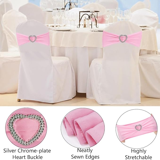Pink Chair Sashes for Wedding 25 Pack Spandex Pink Sashes for Chairs Covers Stretch Chair Sashes Band with Heart Buckle Slider Wedding Sashes Bows for Banquet Party Decorations - Image 3
