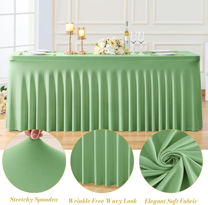 gogoparti 2 Pack Spandex Sage Green Fitted Table Cloth for 8ft Rectangle Tables Sage Green Stretch Tablecloth Table Covers Skirt Banquet Wrinkle Free Tablecloths for Parties Wedding - Image 6