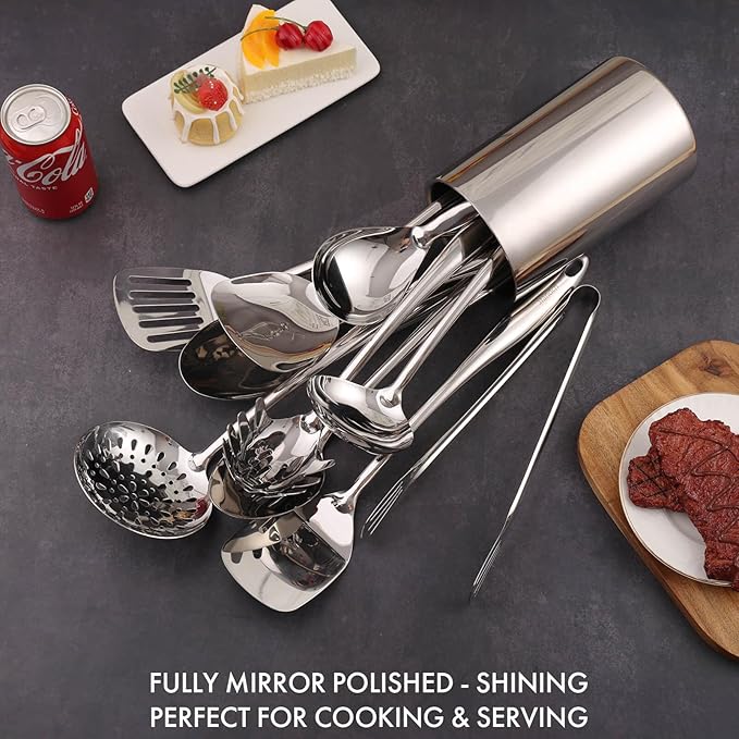 18/10 Stainless Steel Kitchen Utensils Set with Holder for Countertop | 15″ Spatula Spoon Set with Storage Organizer, 12-Pieces, Fork, Tongs, Spatula, Ladle, Skimmer, Turner, Spaghetti, Large Spoon - Image 6