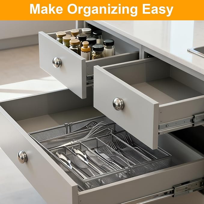 1 Pcs Utensil Drawer Silverware Organizer, Metal Mesh Expandable 13" ~24" Kitchen Drawer Organizer, 7-9 Slots Cutlery Tray Dividers for Kitchen Flatware Christmas Housewarming Gift (Sliver) - Image 4