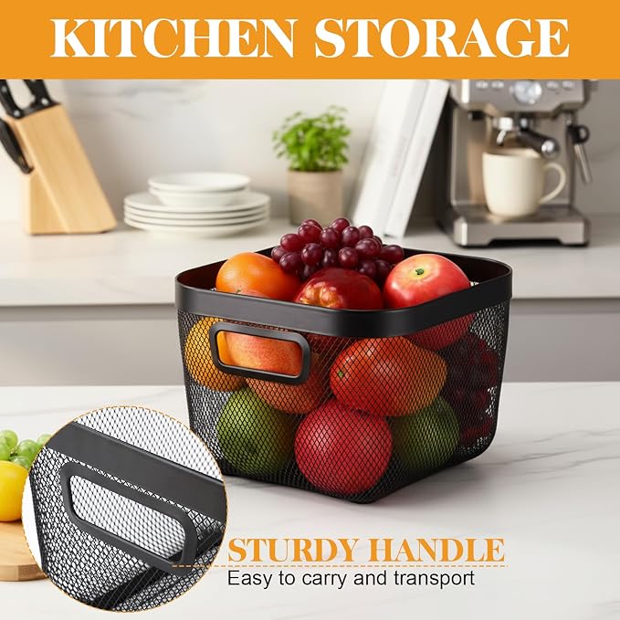 Maxdot 4 Pack Stackable Wire Baskets for Pantry Organizers Kitchen Storage Metal Baskets with Bamboo Lids 10"x10"x7" Vegetable Fruit Basket Produce Potato Onion Storage Bin for Kitchen Countertop - Image 3