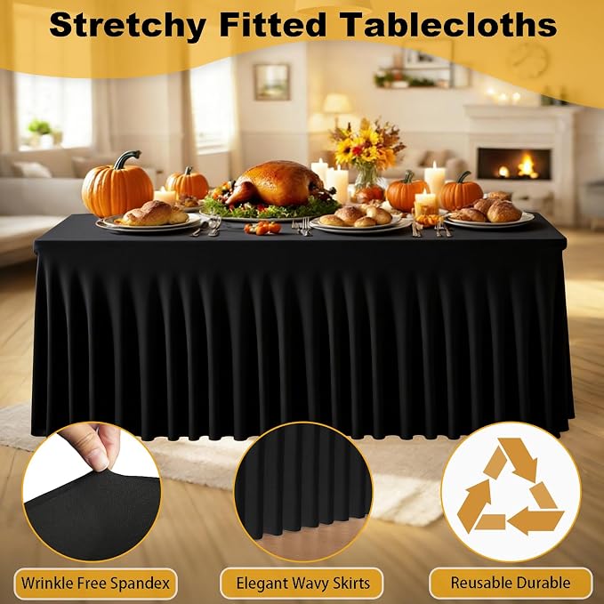 3 Pack Black Spandex Table Clothes for 6 Foot Rectangle Tables, Fitted Stretch Spandex Table Cover 6ft Black Tablecloths with Desk Skirt for Weddings Birthday Parties Banquet Baby Shower - Image 4