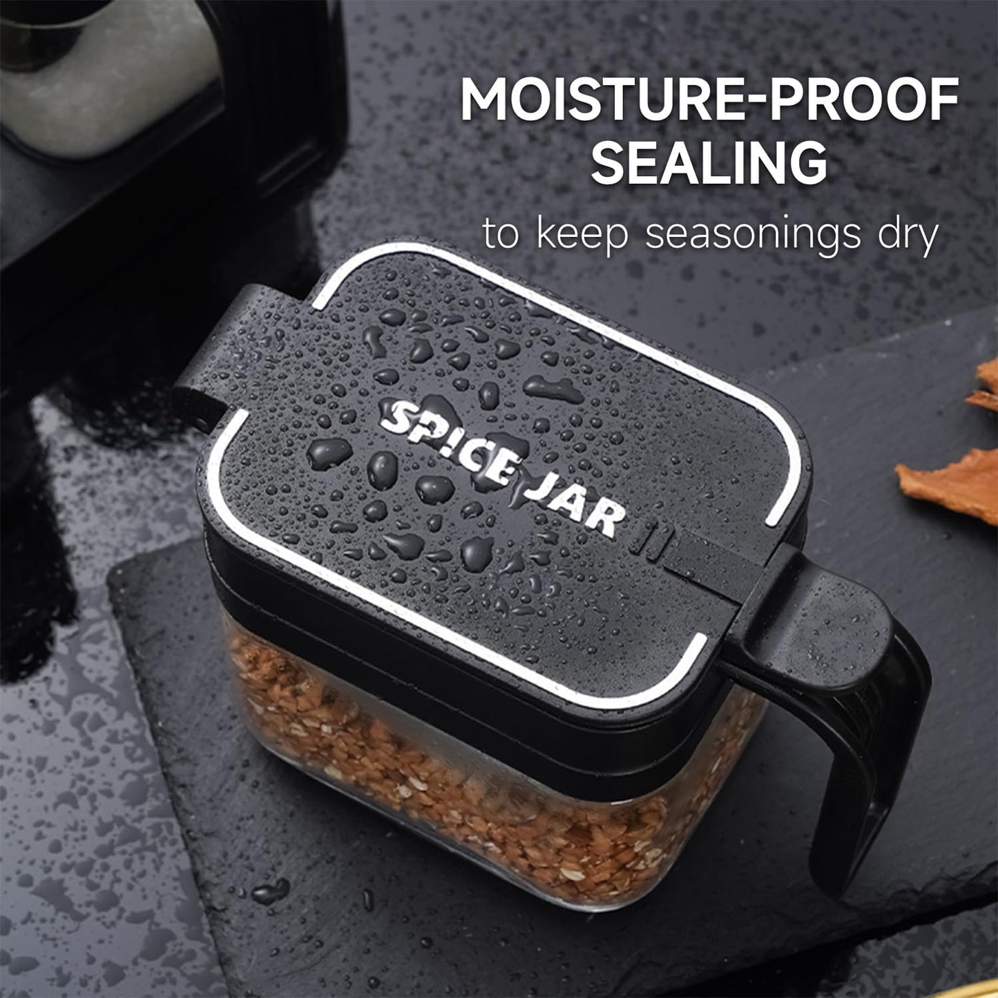 Mlici Seasoning Containers with Lid and Spoon, Set of 3 Glass Salt and Sugar Container, 13.52 Ounce Wall Mounted Condiment Jar Spice Box Set with Base for Hone Kitchen Countertop