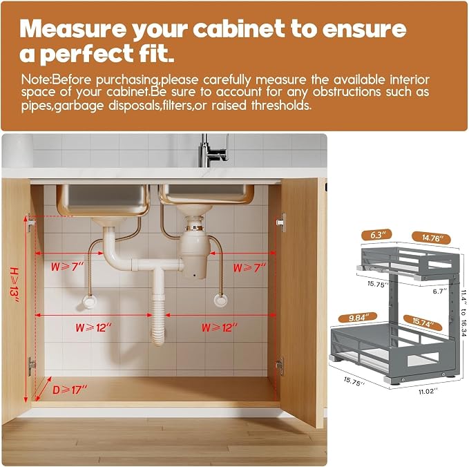 1-Pack Under Sink Organizers and Storage,2-Tier L Shape Pull Out Cabinet Organizer With Round Tube Slide Rails,Hight Adjustable Slide Out Drawers for Kitchen&Bathroom,Multi-Purpose Storage Shelf-Gray - Image 2