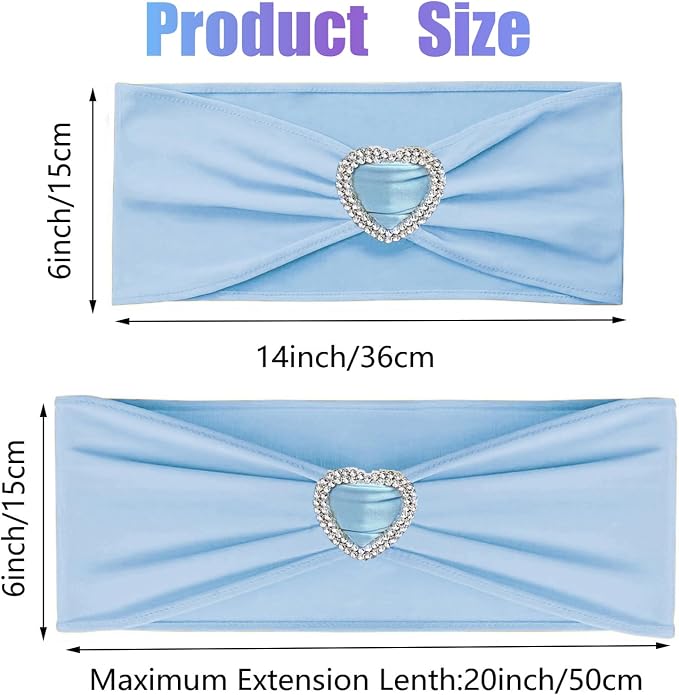 Baby Blue Spandex Chair Sashes 100 Pack Light Blue Sashes for Chairs Covers Stretch Chair Sashes Band with Heart Buckle Slider Wedding Sashes Bows for Banquet Party Event Decoration - Image 2