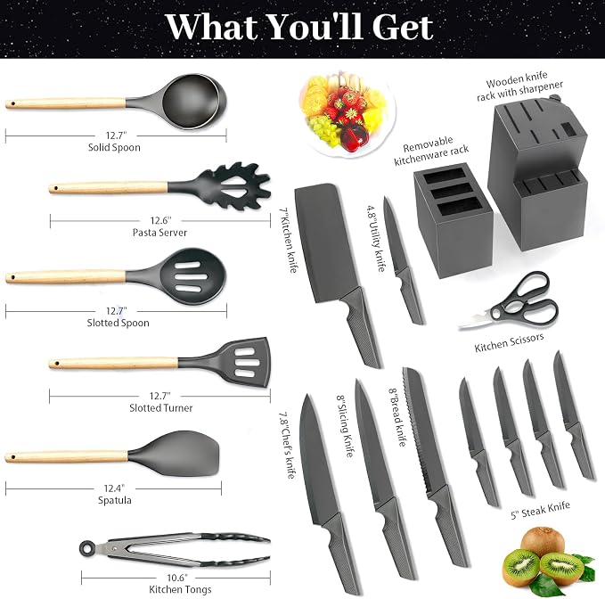 Kitchen Knife Set,18 Pieces Black Kitchen Utensils Set with Holder and Kitchen Professional Chef Knife Set for Cooking,Non-Stick Heat Resistan Silicone Utensils Set with Wooden Handle (Black) - Image 7