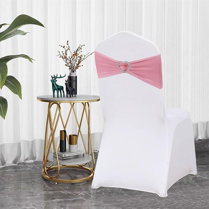 Dusty Pink Chair Sashes 50 Pack Spandex Pink Sashes for Chairs Covers Universal Stretch Chair Sashes Band with Heart Buckle Slider for Wedding Banquet Party Decorations - Image 3