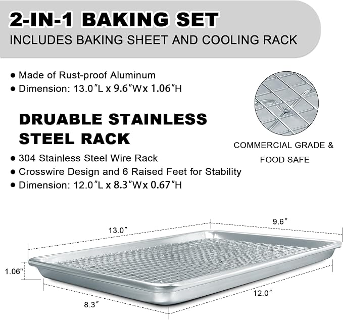 Half Sheet Pans with Rack Set, 13 Inch Commercial Quality Baking Sheet Pan Set, Natural Aluminum Cookie Sheet, Warp Resistant Nonstick Thick Cookie Tray Pans for Baking, Roasting - Image 2