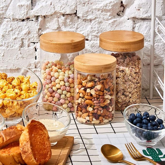 EZOWare Set of 4 Airtight Glass Jars, 46 Fl oz Large Storage Clear Canister Container Set with Bamboo Lid for for Storing Candy, Cookie, Rice, Sugar, Flour, Spices, Nuts, Coffee, Pasta - Image 8
