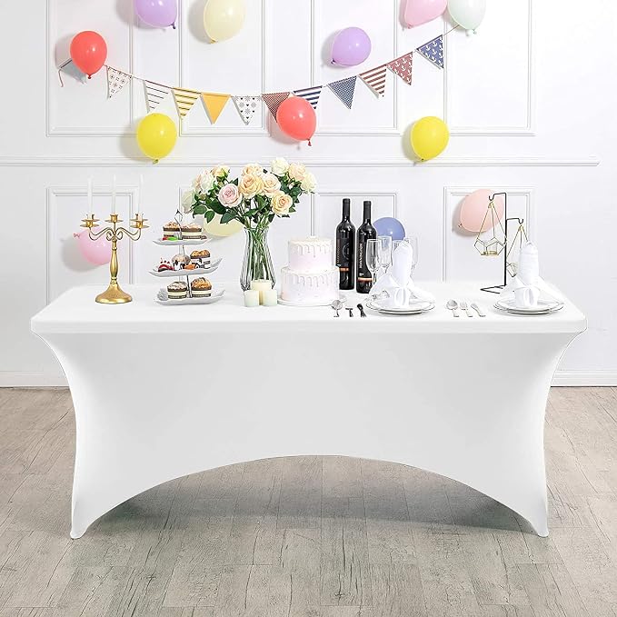 MDS® Pack of 12 Spandex Tablecloth 8FT Tight Fitted Stretch Table Cover – Washable Wrinkle-Free Reusable Elastic Patio Tablecloth for Wedding, Party, Banquet, Trade Show, Event Décor - White - Image 2