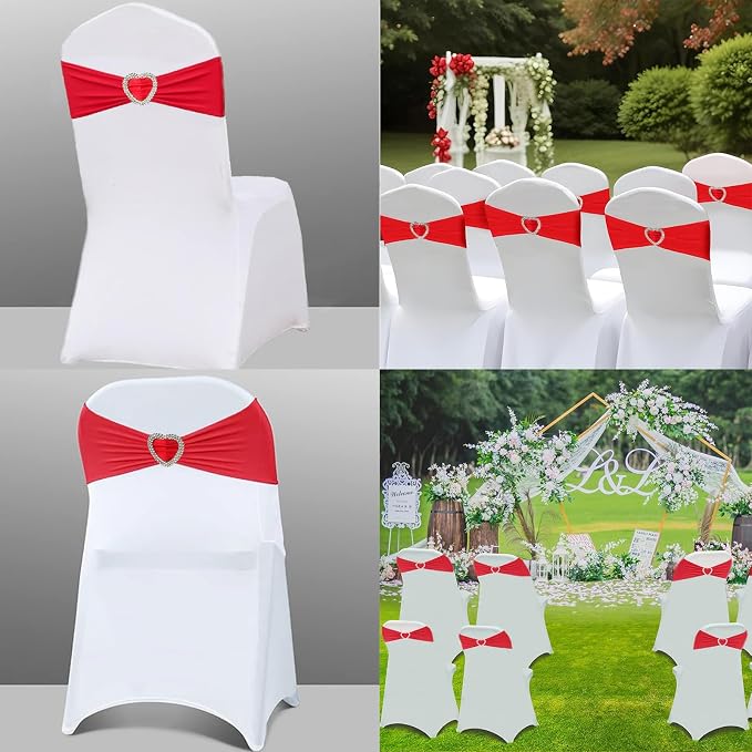 Red Chair Sashes for Wedding 25 Pack Spandex Red Sashes for Chairs Covers Stretch Chair Sashes Band with Heart Buckle Slider Universal Wedding Sasehs Bows for Banquet Party Decorations - Image 5