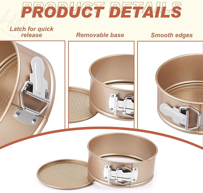 Funnymoom 4 Pcs 6 Inch Non Stick Springform Pan with Removable Bottom Carbon Steel Round Springform Cheesecake Pan with Stainless Steel Spring Buckles for Baking Kitchens Restaurant(Champagne Gold) - Image 3