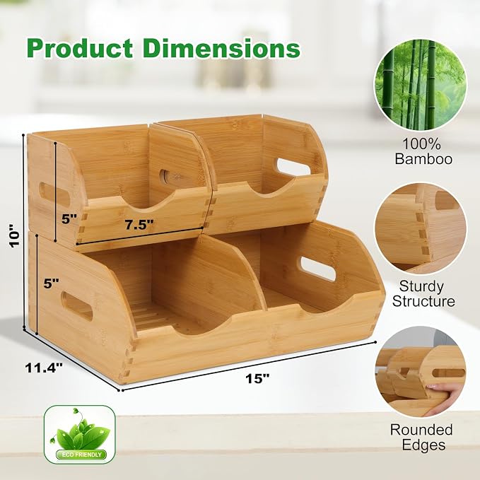 Bamboo Pantry Storage Bins,Fruits and Vegetables Basket | Stackable Potato & Onion Storage Bin for Kitchen Countertop,Multiuse - Set of 3 Pack - Image 3