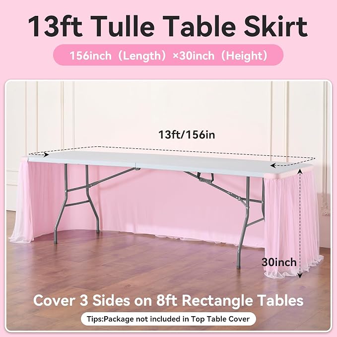 156in Baby Pink Tulle Table Skirts for Rectangle Tables 8ft 6ft, 2-Layer 13 ft Long Gold Grim Princess Pink Ruffle Tulle Tutu Table Skirt Cloth for Girl Birthday Baby Cake Dessert(No Table Cover) - Image 5