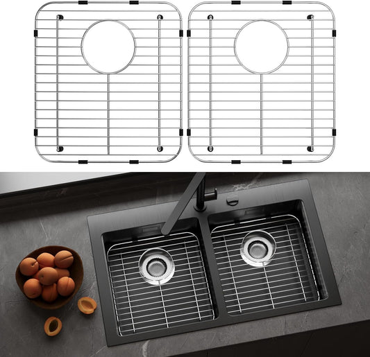 2Pack Stainless Steel Sink Protectors for Kitchen Sink, 13.12’’x11.6’’ Sink Protector Grid with Rear Drain, Rust Resistant Sink Grate for Bottom of Kitchen Sink with 2Pack Sink Drain Strainer