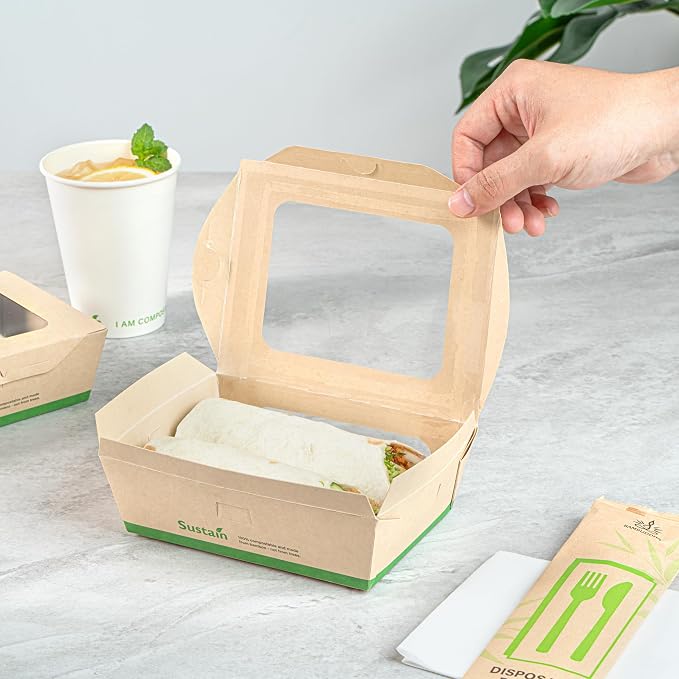 Restaurantware 28 oz Paper Bamboo Small Bio Take Out Container, 200 Pack - Image 6