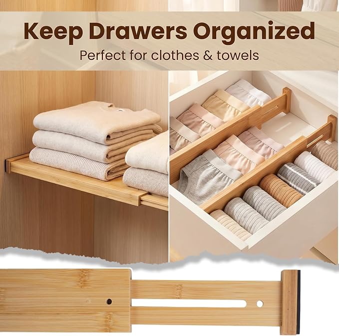 Joyeee Kitchen Drawer Dividers 8 Pack, 16.9-22" Adjustable Bamboo Drawer Organizer, 2.28" High Expandable Utensils Separators for Closet, Dresser, Bathroom, Bedroom - Image 7