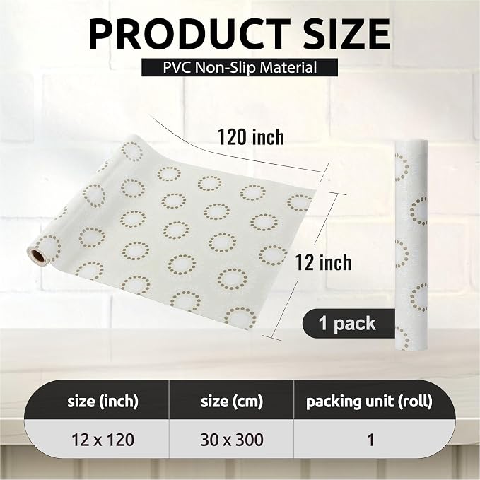 FIFTY FEET 12X120 Inch Shelf Liner for Kitchen Cabinets, PVC Drawer Liner for Dresser Non-Slip Bathroom, Non-Adhesive Cabinet Liner Washable (Beige Circle)(1 Roll) - Image 4