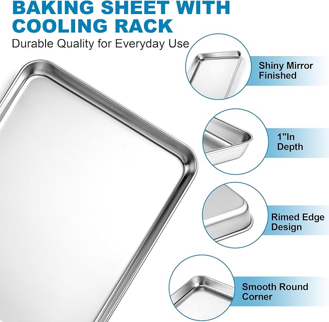 Herogo Baking Sheet with Wire Rack Set(2 Pans + 2 Racks), 16" x 12" x 1" Stainless Steel Jelly Roll Pan with Cooling Rack Set for Baking & Roasting, Non Toxic & Easy Clean - Image 3