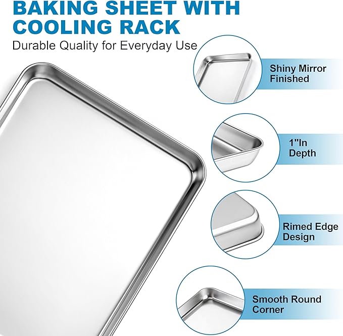 Herogo Stainless Steel Quarter Sheet Pan with Wire Rack Set(2 Pans + 2 Racks), 9 x 13 x 1 Inches Metal Baking Tray Set for Cooking & Roasting, Nontoxic & Easy Clean - Image 3
