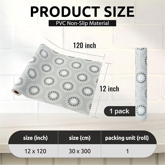 FIFTY FEET 12X120 Inch Shelf Liner for Kitchen Cabinets, PVC Drawer Liner for Dresser Non-Slip Bathroom, Non-Adhesive Cabinet Liner Washable (Grey Circle)(1 Roll) - Image 4