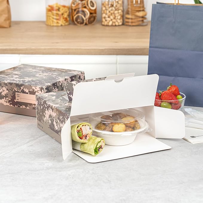 Restaurantware-Cater Tek 9 x 9 x 3.5 Inch Cake Boxes, 50 Take Out Containers - Display Window, Pop-Up Handles, Camouflage Paper Pastry Boxes, Grease Impermeable, Shipped Flat - Image 7