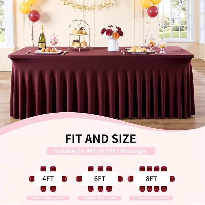 Spandex Tablecloth 6FT Rectangle Table Cover 6 Pcs Burgundy Wrinkle-Free - Image 4