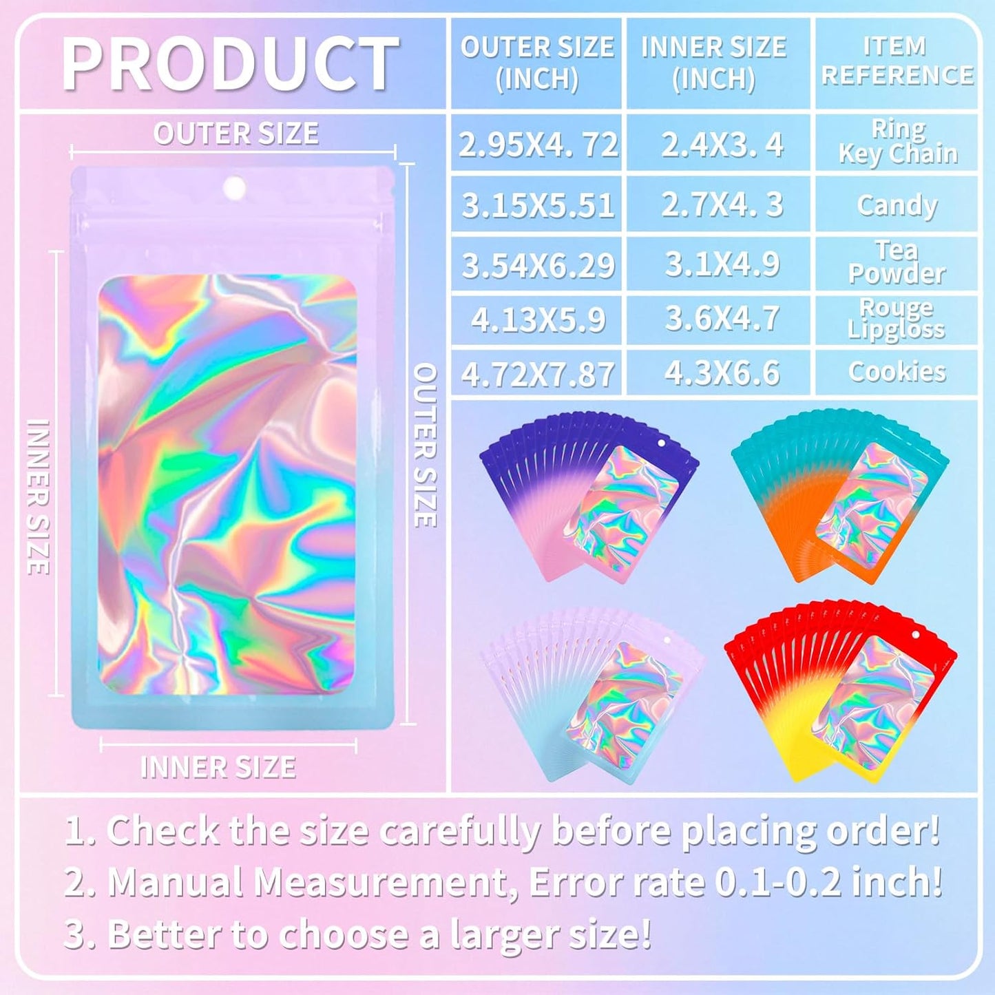 200 Pack Resealable Mylar Holographic Bags Food Storage Smell Proof Bags with Front Window Foil Packaging Pouch for Candy Sample Jewelry Small Business 3.54×6.29 Inch, Blue Fade Orange