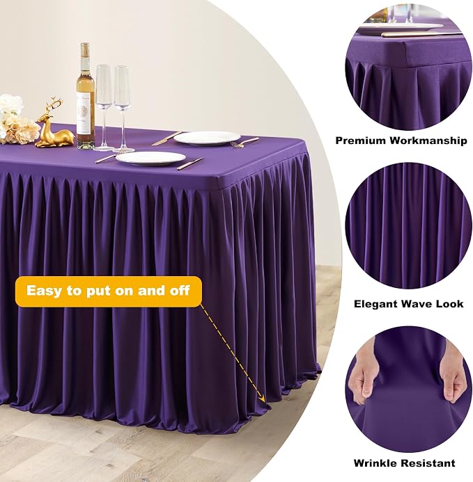 Wish Care Dark Purple Polyester Table Clothes for 4 Foot Rectangle Tables, Wrinkle Free Fitted Table Cover with Pleated Ruffle Table Skirt for Birthday Party Wedding Trade Show Event Display - Image 6