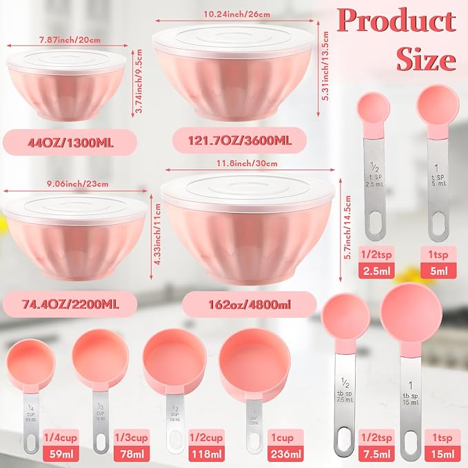Ziliny 4 Pcs Mixing Bowls with Lids Plastic Nesting Bowls Set with Stainless Steel Colander 8 Pcs Measuring Cups and Spoons Set and Foldable Kitchen Funnel for Kitchen Cooking Accessories (Pink) - Image 2