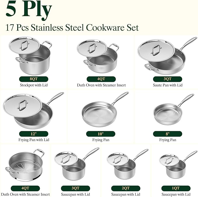 Umite Chef 17Pcs 5 Ply Clad Stainless Steel Cookware Set with Lids, Heavy Duty Pots and Pans Kitchen Set, Induction-Ready, Dual Aluminum Core for Even Heat, Cool Grip Handles, Dishwasher Safe - Image 6