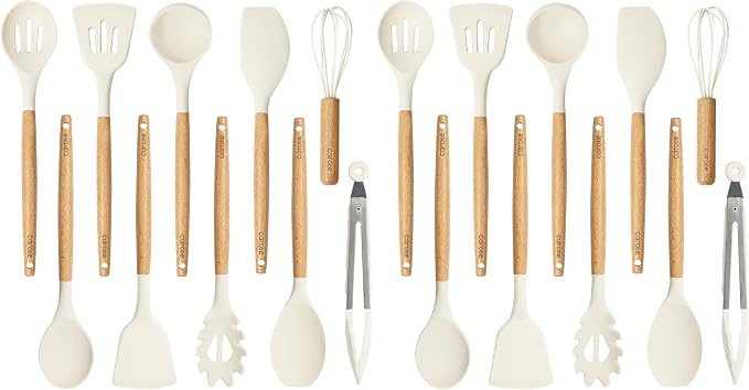 CAROTE Silicone Cooking Utensils Set, Kitchen Utensils Set 10 Pcs for cooking, BPA Free Spatula Set with Heat Resistant Wood Handles for Nonstick Cookware (Cream White) (Pack of 2) by CAROTE