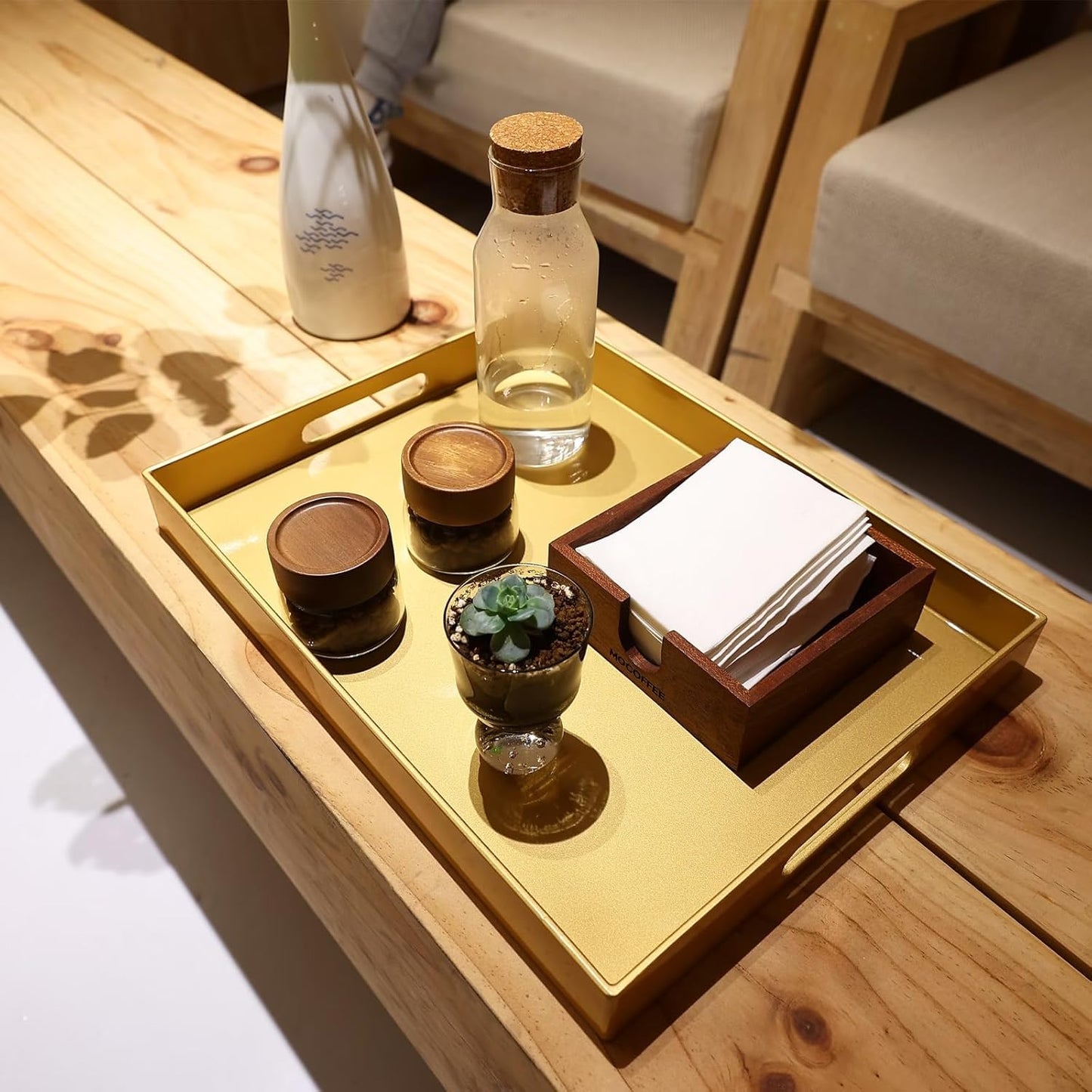 Spsyrine Gold Plastic Serving Tray for Ottoman, Coffee Table, Rectangle Decorative Tray for Entertaining, Outdoor, Living Room, Home Decor