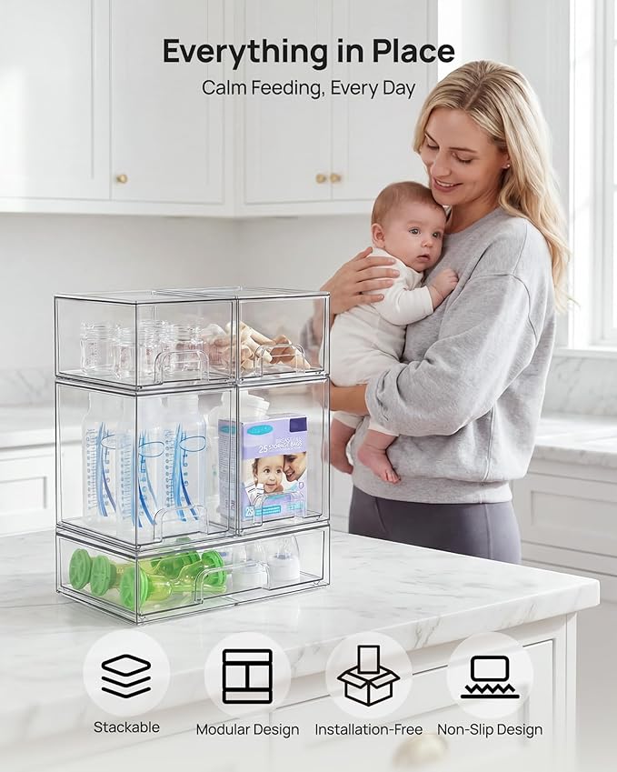 Vtopmart Clear Stackable Storage Drawers Set of 9, Plastic Organizer Bins | Multi-purpose Boxes for Baby Bottle Storage, Ideal for Kichen, Vanity, Bathroom, Undersink, Cabinet, Pantry Organization - Image 4