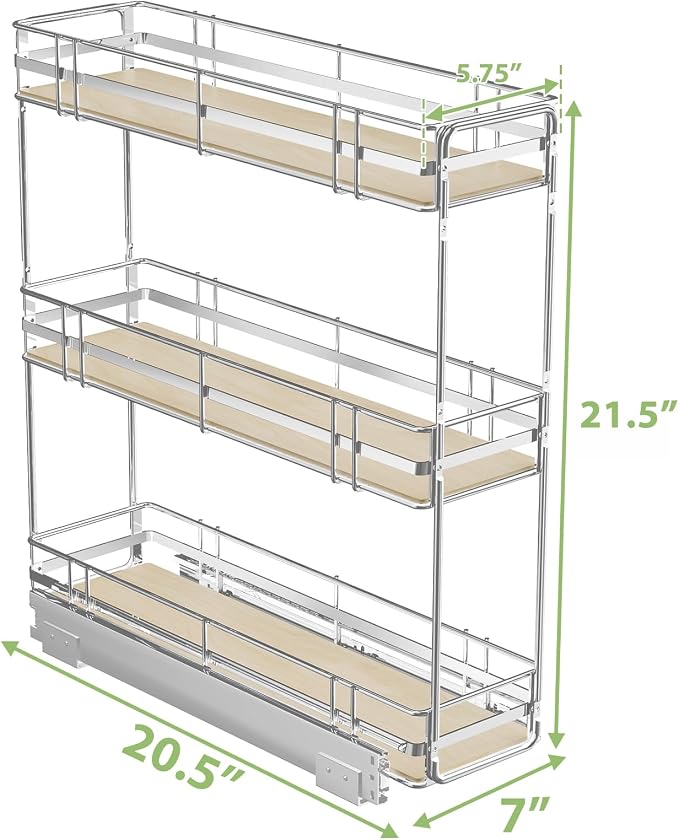 ROOMTEC 3-Tier Pull Out Cabinet Organizer Spice Rack for Narrow Cabinet 7" W x 20½" D, Slide Out Wood Shelves Storage for Kitchen - Image 3