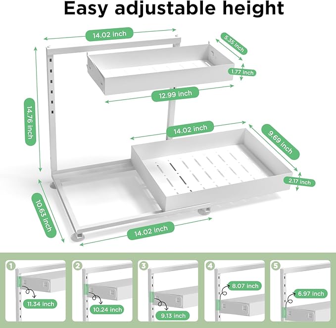 Under Sink Organizer Bathroom Kitchen: 2 Pack 2 Tier Metal Under Cabinet Storage with Height-adjustable Shelf and Pull out Rack for Pantry Vanity Cupboard Counter Countertop, White - Image 6