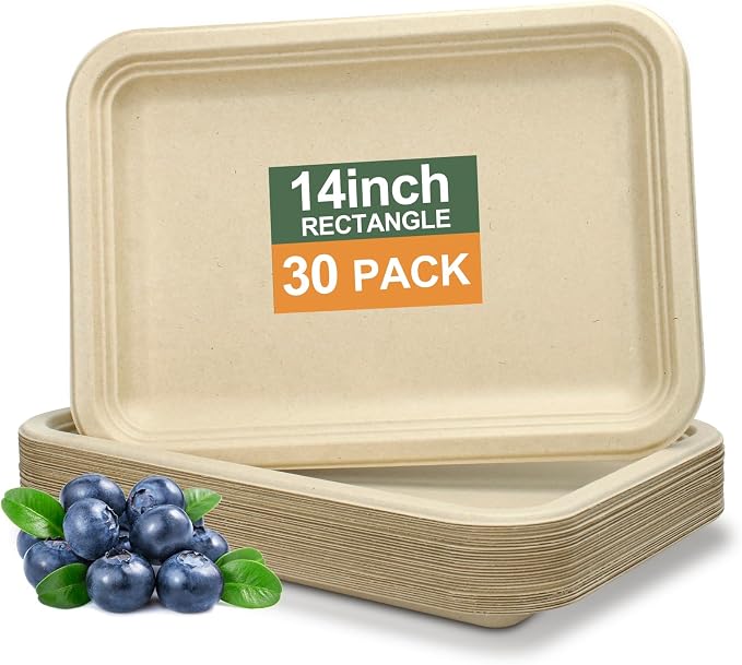 30 Pack Compostable Paper Plates, 14 Inch Heavy-Duty Bagasse Trays | Microwave & Freezer Safe, Biodegradable, Water & Oil-Resistant, Disposable Paper Plates for Birthday Weddings Parties BBQ by BangShou