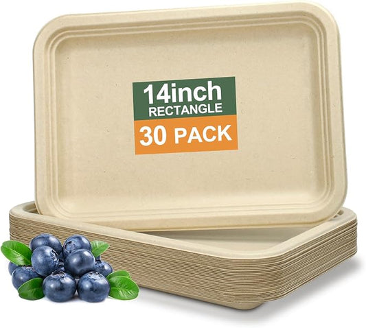 30 Pack Compostable Paper Plates, 14 Inch Heavy-Duty Bagasse Trays | Microwave & Freezer Safe, Biodegradable, Water & Oil-Resistant, Disposable Paper Plates for Birthday Weddings Parties BBQ by BangShou