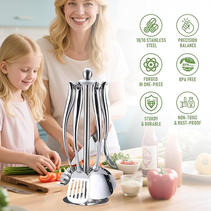 18/10 Stainless Steel Cooking Utensils Set with Holder, 7-Pieces All Metal Kitchen Utensils, Kitchen Cooking Tools, Kitchen Tools with Countertop Rotating Stand - Image 3