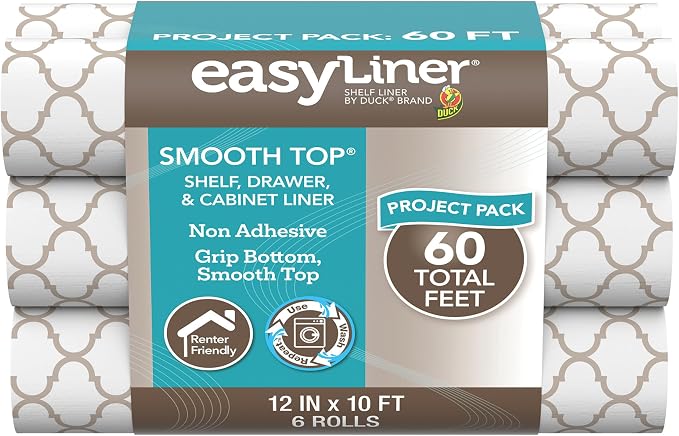 Smooth Top EasyLiner for Cabinets & Drawers, Easy to Install, Shelf Paper & Drawer Liner Non Adhesive, Non Slip Shelf Liner for Pantry, Kitchen Essentials, 12in x 10ft (6 Pack) 60 ft, Taupe Quatrefoil by DuckBrand