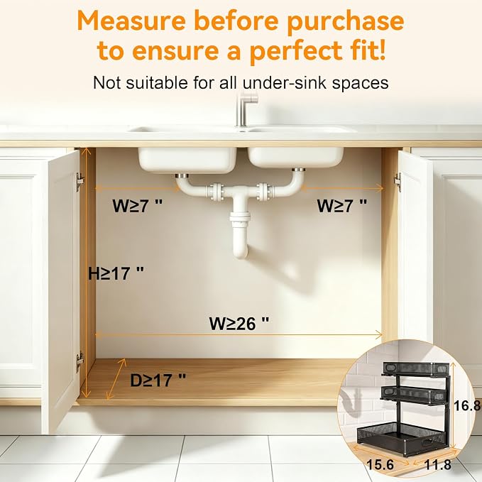 3 Tier Adjustable Under Sink Organizer for Bathroom & Kitchen(1Pack, Black) - Image 2