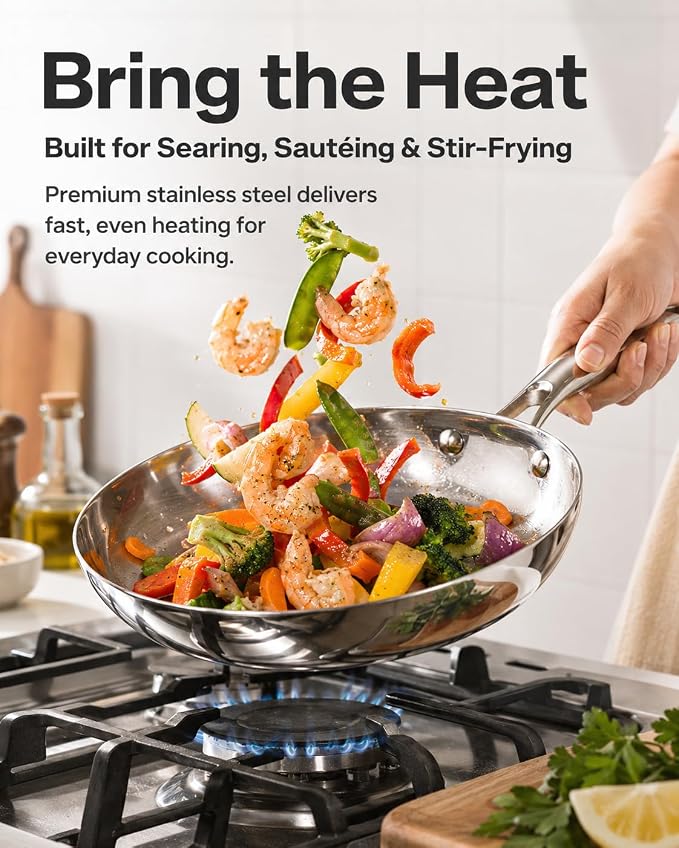 USELUCK 12 Inch Tri-Ply Stainless Steel Frying Pan with Lid - Image 4