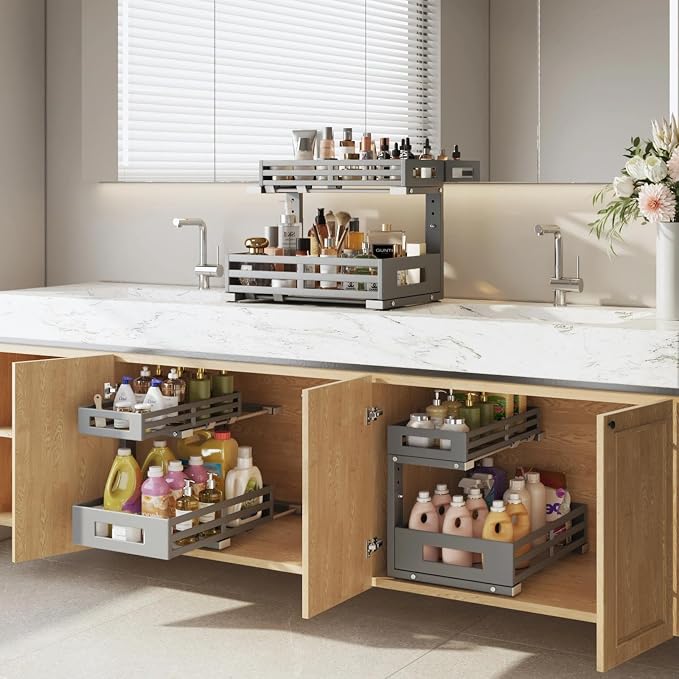 1-Pack Under Sink Organizers and Storage,2-Tier L Shape Pull Out Cabinet Organizer With Round Tube Slide Rails,Hight Adjustable Slide Out Drawers for Kitchen&Bathroom,Multi-Purpose Storage Shelf-Gray - Image 8